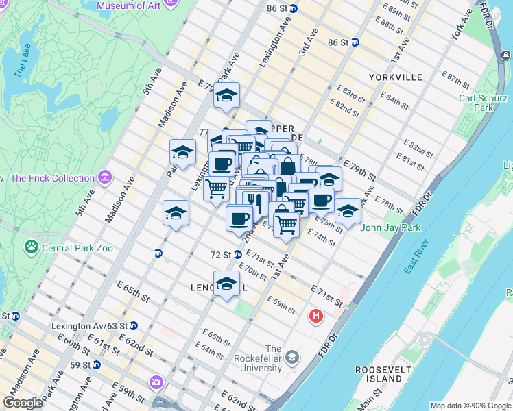 map of restaurants, bars, coffee shops, grocery stores, and more near 252 East 74th Street in New York