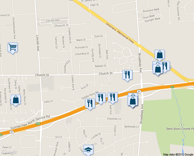 map of restaurants, bars, coffee shops, grocery stores, and more near 337 Grundy Avenue in Holbrook