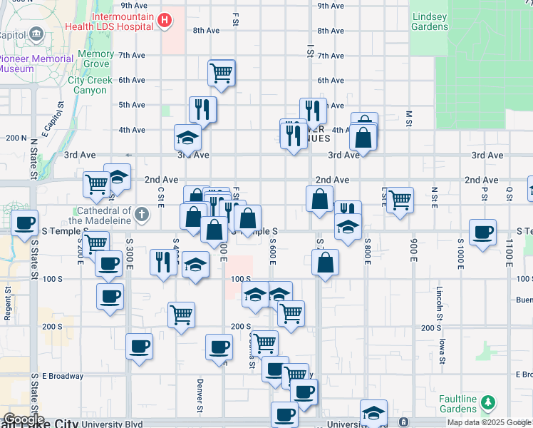 map of restaurants, bars, coffee shops, grocery stores, and more near 30 North G Street in Salt Lake City