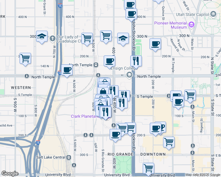 map of restaurants, bars, coffee shops, grocery stores, and more near 49N North 400 West in Salt Lake City