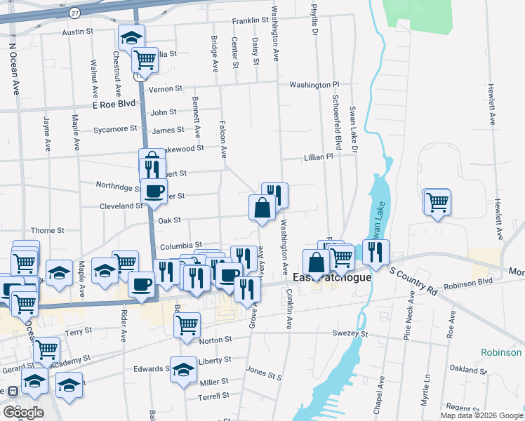 map of restaurants, bars, coffee shops, grocery stores, and more near 89 Avery Avenue in Patchogue