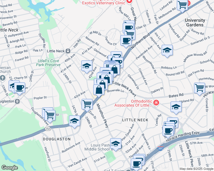 map of restaurants, bars, coffee shops, grocery stores, and more near 252-22 Northern Blvd in Queens