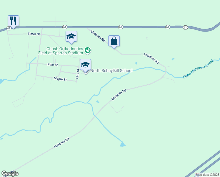map of restaurants, bars, coffee shops, grocery stores, and more near 241 Malones Road in Ashland