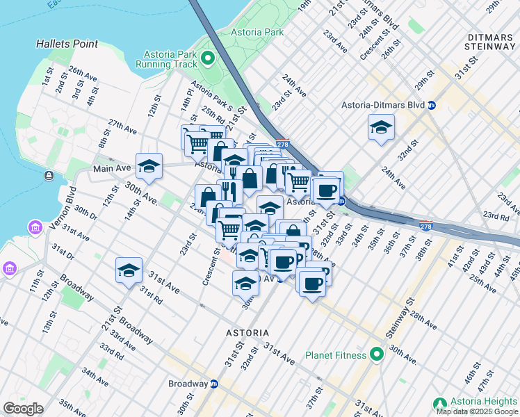 map of restaurants, bars, coffee shops, grocery stores, and more near 2525 Newtown Avenue in Queens