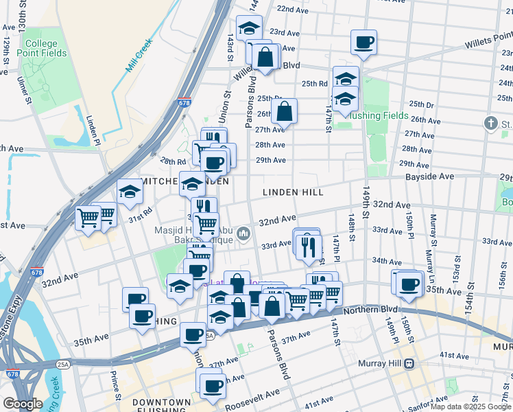 map of restaurants, bars, coffee shops, grocery stores, and more near 3011 Parsons Boulevard in Queens