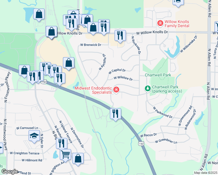 map of restaurants, bars, coffee shops, grocery stores, and more near 3411 West Chartwell Road in Peoria