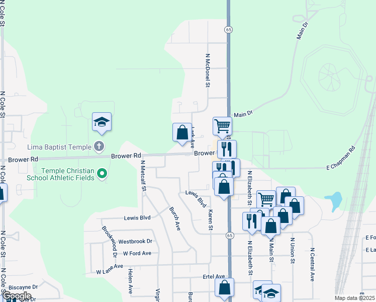 map of restaurants, bars, coffee shops, grocery stores, and more near 520 Brower Road in Lima