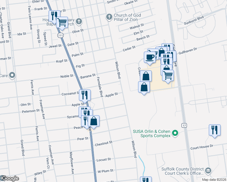 map of restaurants, bars, coffee shops, grocery stores, and more near 11 Apple St in Central Islip