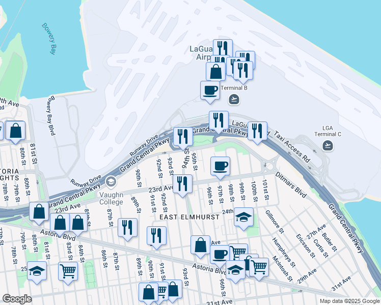 map of restaurants, bars, coffee shops, grocery stores, and more near 94-0 Ditmars Boulevard in Queens