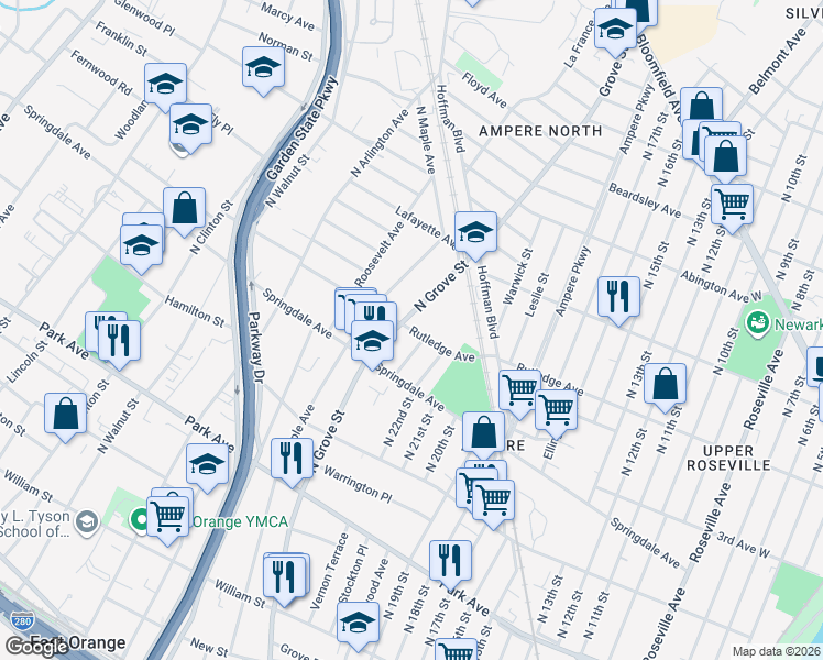 map of restaurants, bars, coffee shops, grocery stores, and more near 174 Rutledge Avenue in East Orange