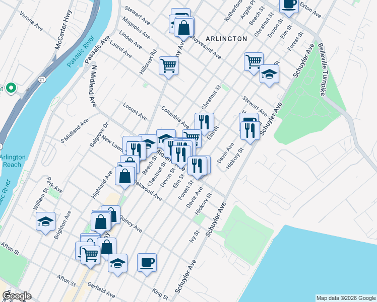 map of restaurants, bars, coffee shops, grocery stores, and more near in Kearny