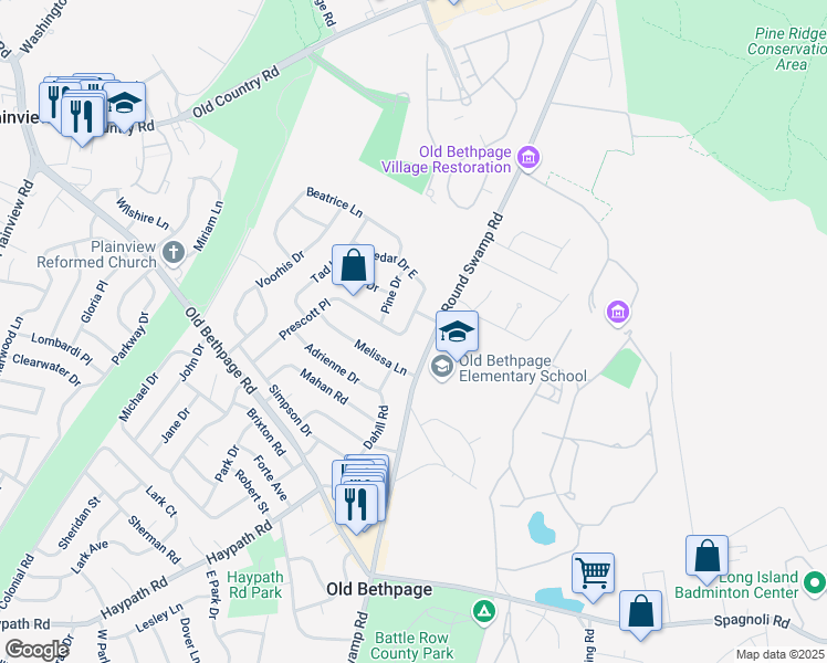 map of restaurants, bars, coffee shops, grocery stores, and more near 2 Cedar Drive South in Old Bethpage