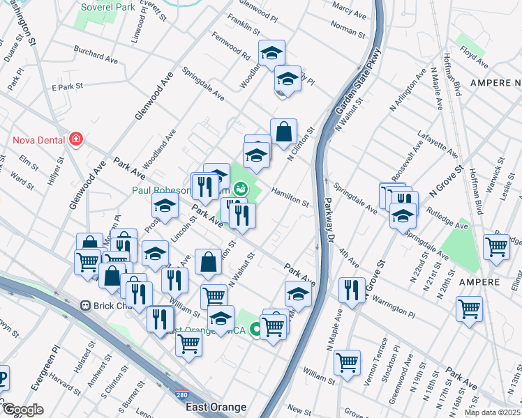 map of restaurants, bars, coffee shops, grocery stores, and more near 226 North Clinton Street in East Orange
