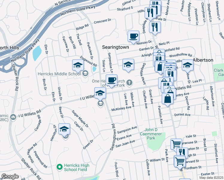 map of restaurants, bars, coffee shops, grocery stores, and more near I U Willets Road in Nassau County
