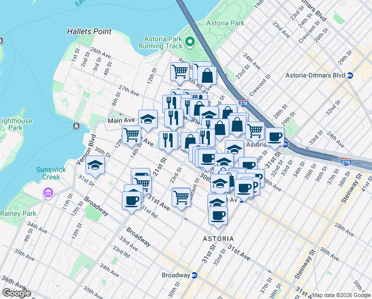 map of restaurants, bars, coffee shops, grocery stores, and more near 21-33 29th Avenue in Queens
