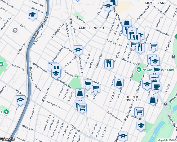 map of restaurants, bars, coffee shops, grocery stores, and more near 99 Ampere Parkway in East Orange