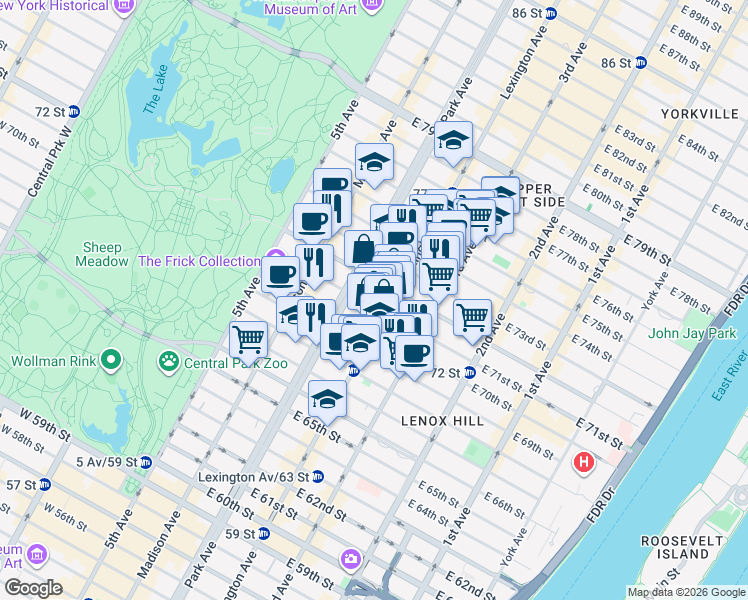 map of restaurants, bars, coffee shops, grocery stores, and more near 120 East 71st Street in New York
