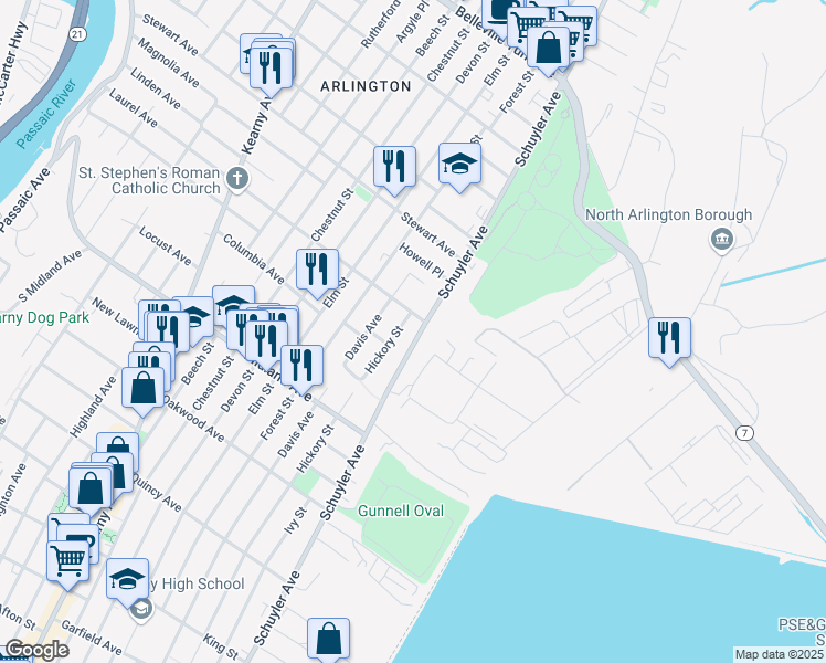 map of restaurants, bars, coffee shops, grocery stores, and more near 655 Schuyler Avenue in Kearny