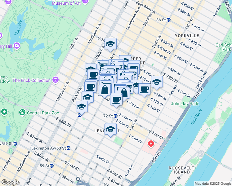 map of restaurants, bars, coffee shops, grocery stores, and more near 215 East 73rd Street in New York
