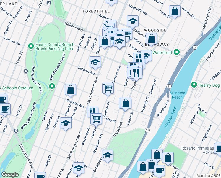 map of restaurants, bars, coffee shops, grocery stores, and more near 538 Summer Avenue in Newark
