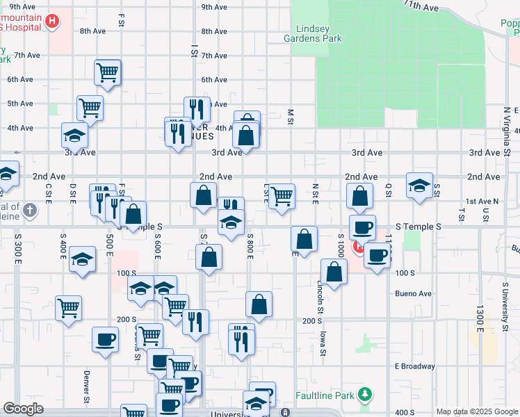 map of restaurants, bars, coffee shops, grocery stores, and more near 24 L Street East in Salt Lake City
