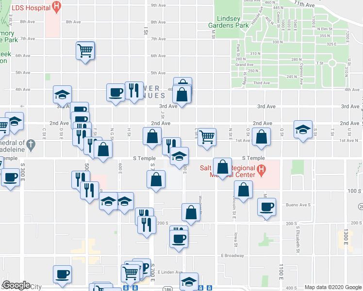 map of restaurants, bars, coffee shops, grocery stores, and more near 23 K Street East in Salt Lake City