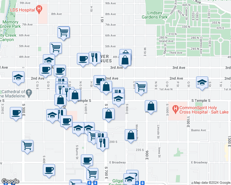 map of restaurants, bars, coffee shops, grocery stores, and more near 731 East South Temple in Salt Lake City