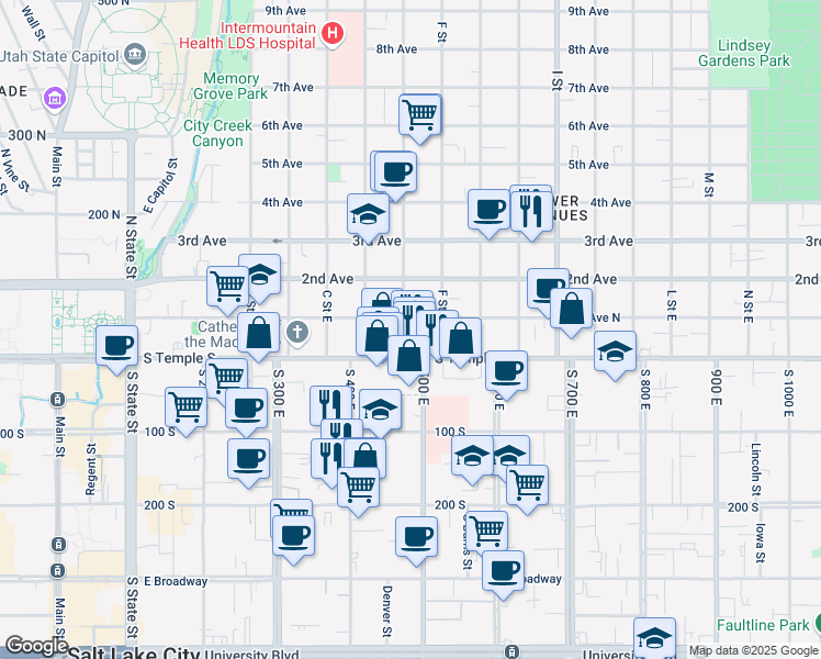 map of restaurants, bars, coffee shops, grocery stores, and more near in Salt Lake City