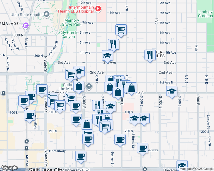 map of restaurants, bars, coffee shops, grocery stores, and more near 24 D Street East in Salt Lake City