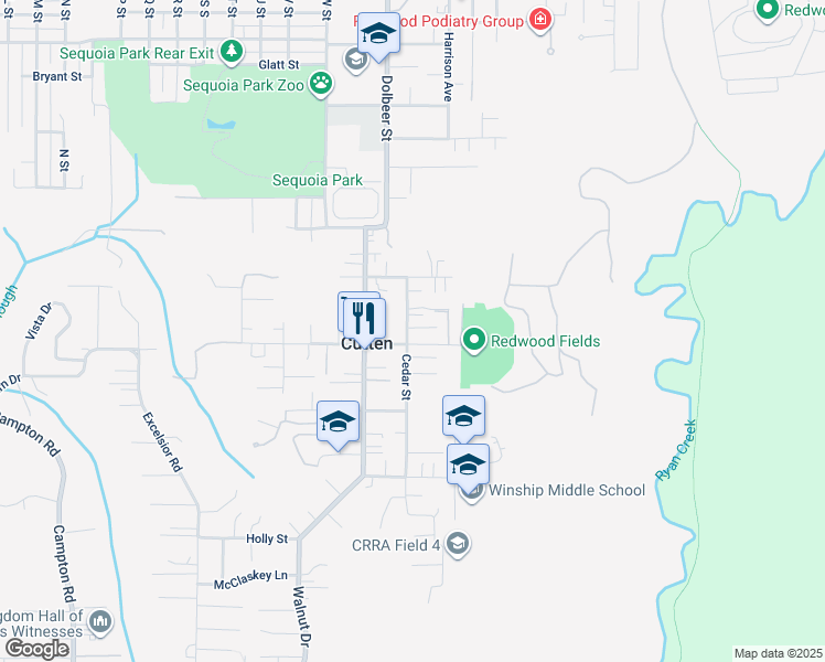 map of restaurants, bars, coffee shops, grocery stores, and more near 2395 Fern Street in Eureka