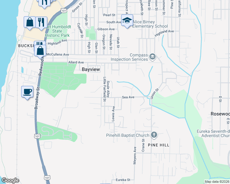 map of restaurants, bars, coffee shops, grocery stores, and more near 4127 Soule Street in Eureka