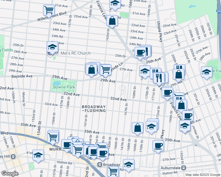 map of restaurants, bars, coffee shops, grocery stores, and more near 29-36 165th Street in Queens