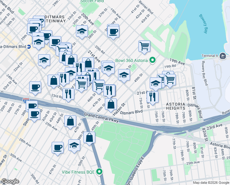 map of restaurants, bars, coffee shops, grocery stores, and more near 21-58 48th Street in Queens