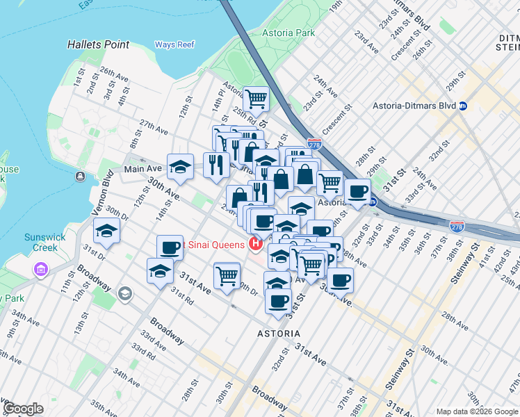 map of restaurants, bars, coffee shops, grocery stores, and more near 28-14 Crescent Street in Queens