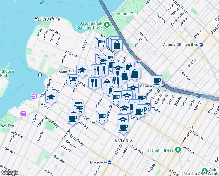 map of restaurants, bars, coffee shops, grocery stores, and more near 21-33 29th Avenue in Queens