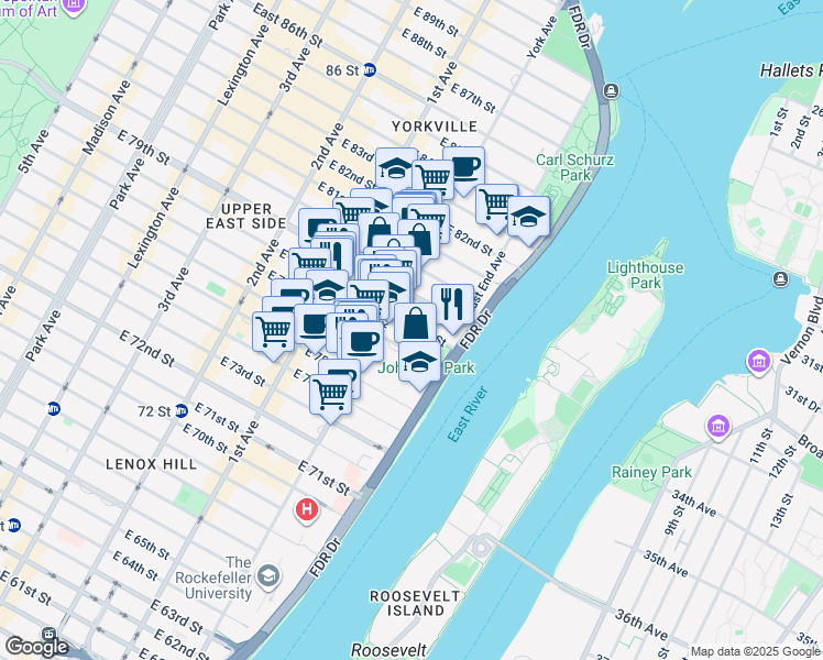 map of restaurants, bars, coffee shops, grocery stores, and more near 520 East 77th Street in New York