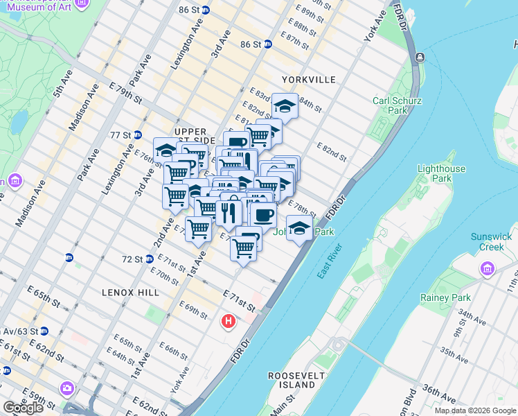 map of restaurants, bars, coffee shops, grocery stores, and more near 419 East 76th Street in New York