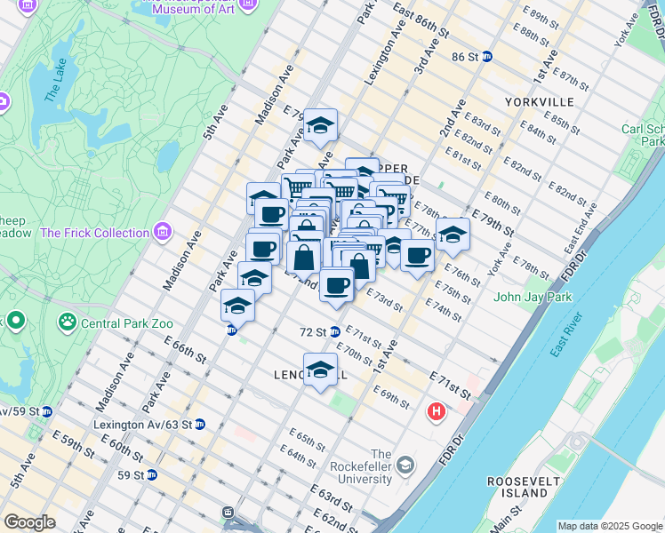 map of restaurants, bars, coffee shops, grocery stores, and more near 220 East 73rd Street in New York