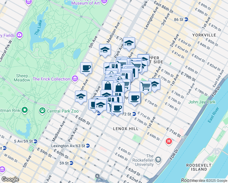 map of restaurants, bars, coffee shops, grocery stores, and more near 158 East 72nd Street in New York