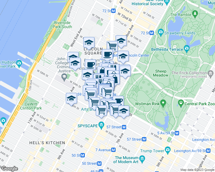 map of restaurants, bars, coffee shops, grocery stores, and more near 24 West 61st Street in New York