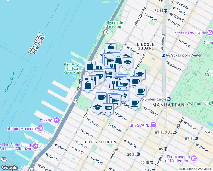 map of restaurants, bars, coffee shops, grocery stores, and more near 530 West 57th Street in New York