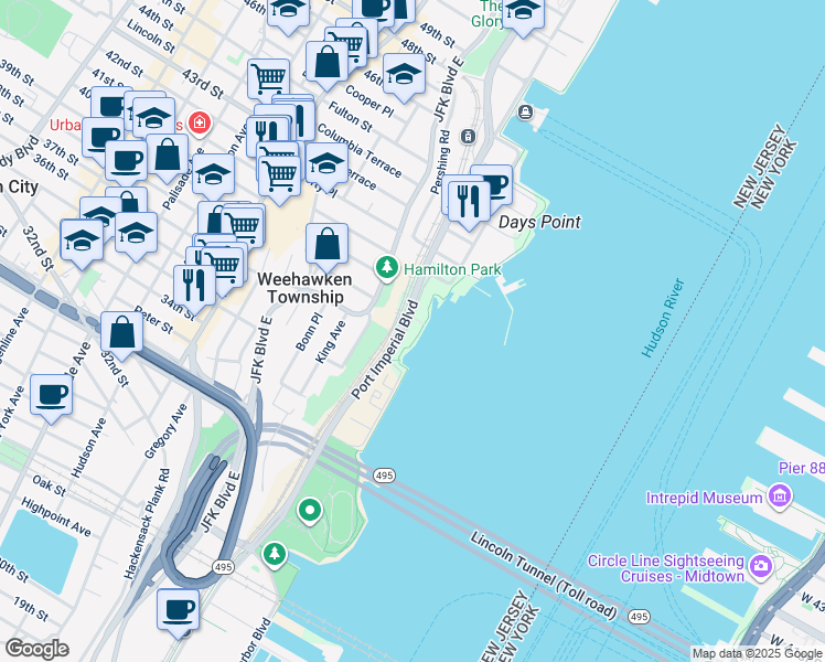 map of restaurants, bars, coffee shops, grocery stores, and more near 14 Regency Place in Weehawken