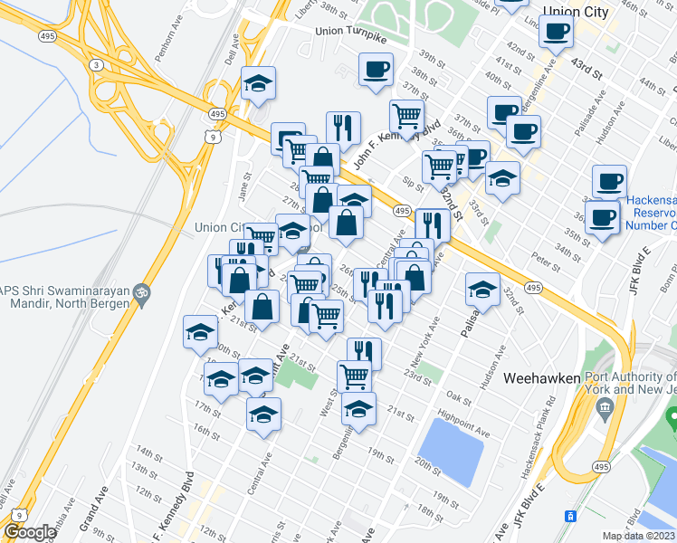 map of restaurants, bars, coffee shops, grocery stores, and more near 2500 Summit Avenue in Union City