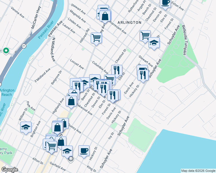 map of restaurants, bars, coffee shops, grocery stores, and more near in Kearny