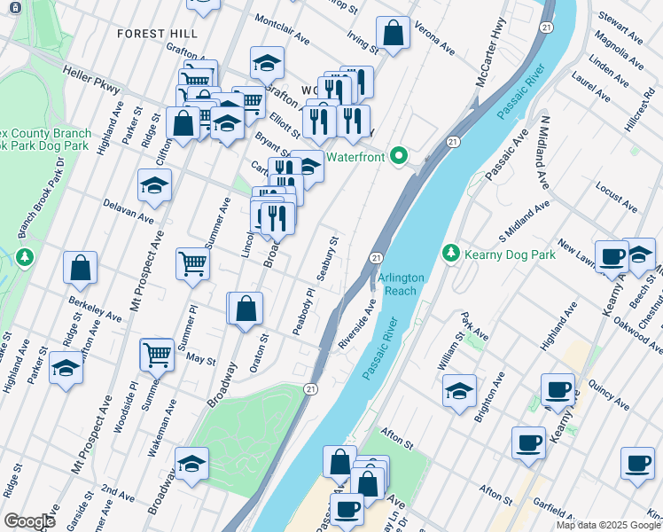 map of restaurants, bars, coffee shops, grocery stores, and more near 16 Seabury Street in Newark