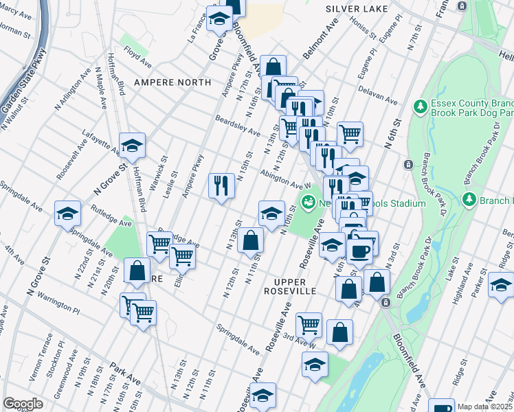 map of restaurants, bars, coffee shops, grocery stores, and more near 424 North 11th Street in Newark