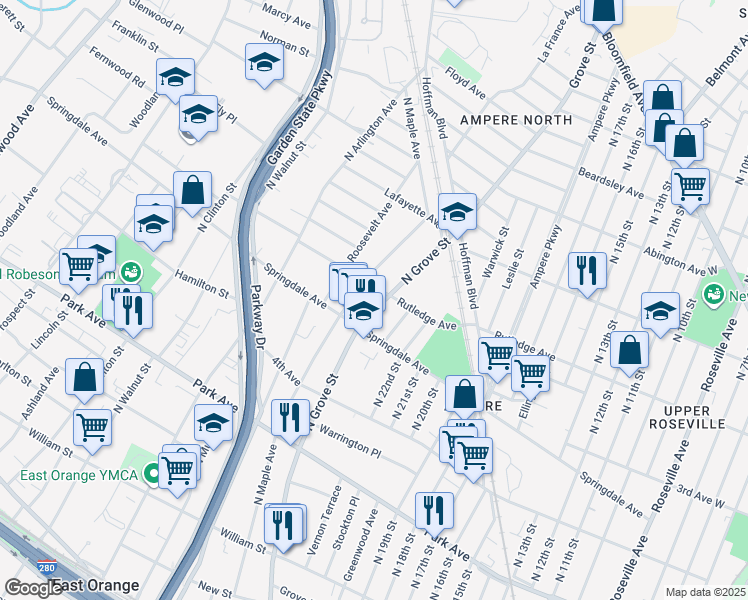 map of restaurants, bars, coffee shops, grocery stores, and more near 465 County Road 509 in East Orange