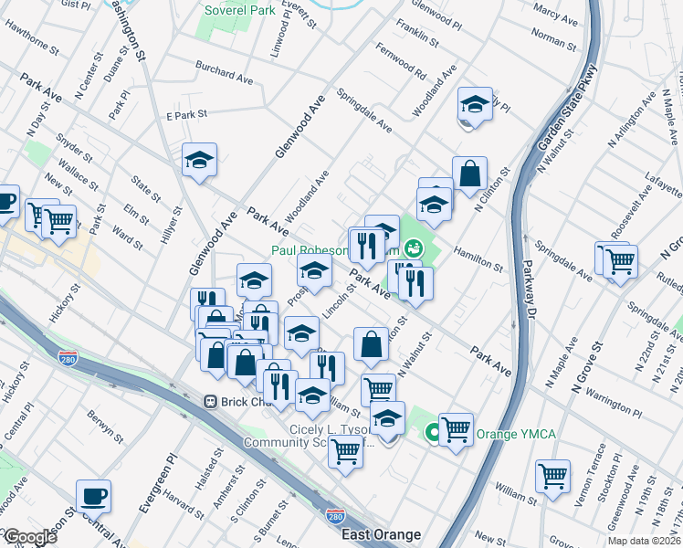 map of restaurants, bars, coffee shops, grocery stores, and more near 491 Park Avenue in East Orange