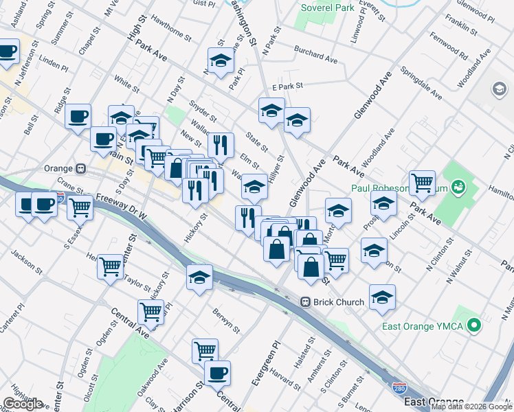 map of restaurants, bars, coffee shops, grocery stores, and more near 61 William Street in City of Orange