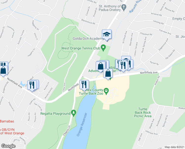 map of restaurants, bars, coffee shops, grocery stores, and more near 585 Northfield Avenue in West Orange